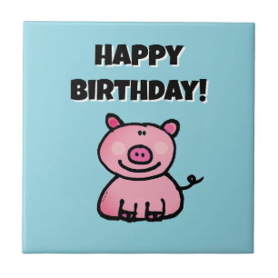 Azulejo Cerdito Rosa Adorable Feliz Cumpleaños