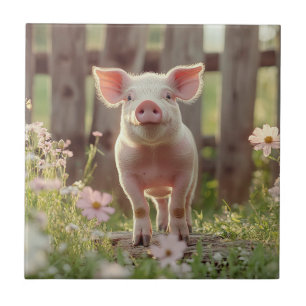 Azulejo Cerdo En El Jardín De Flores