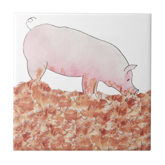 Azulejo Cerdo rosado en barro curioso acuarela arte animal (Frente)