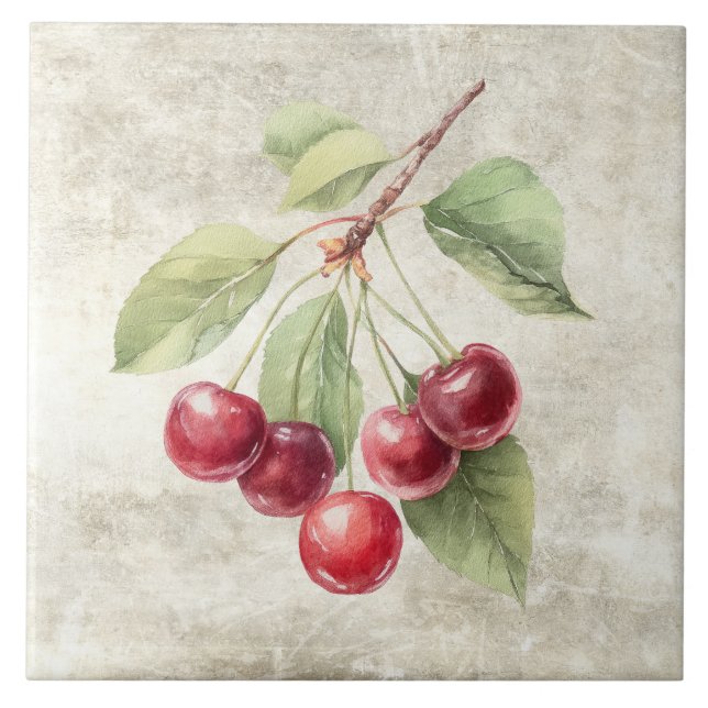 Azulejo Cerezas Acuarela Rústica  (Frente)