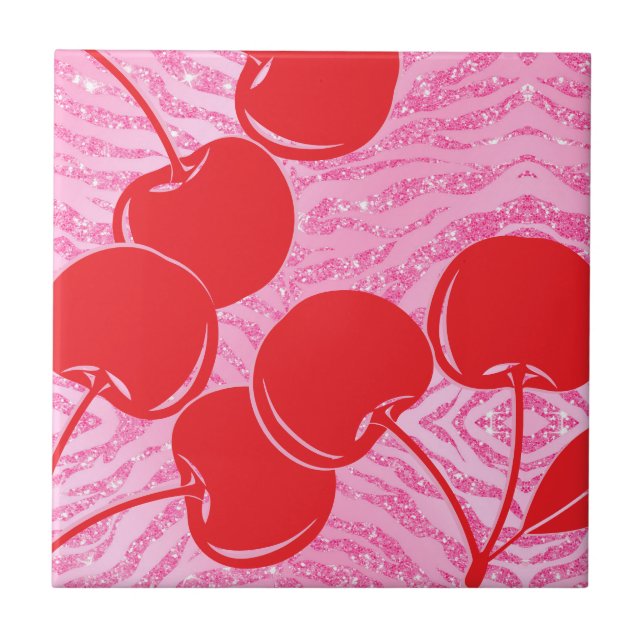 Azulejo Cerezas de cebra de purpurina rosa roja (Frente)