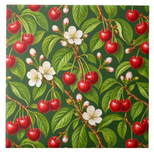 Azulejo Cerezas Rojas Botánicas y Flores Blancas