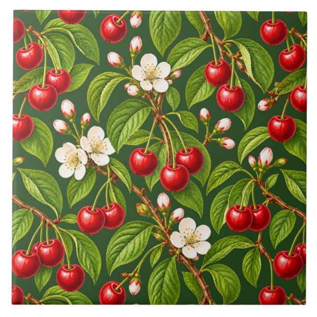 Azulejo Cerezas Rojas Botánicas y Flores Blancas (Frente)