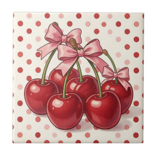 Azulejo Cerezas Rojas Dulces Lazos Rosados Lunares Retro