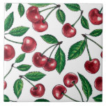 Azulejo Cerezas rojas en blanco<br><div class="desc">Fruto de cerezo pintado a mano,  acuarela y patrón de tinta</div>