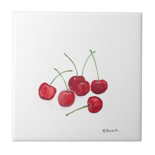 Azulejo Cerezas rojas fruta acuarela foodie vegana comida