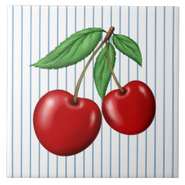 Azulejo Cerezas rojas sobre patrón gráfico de rayas azules