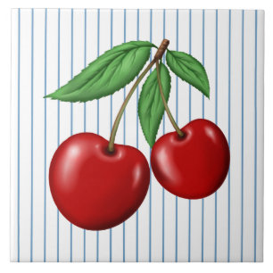 Azulejo Cerezas rojas sobre patrón gráfico de rayas azules