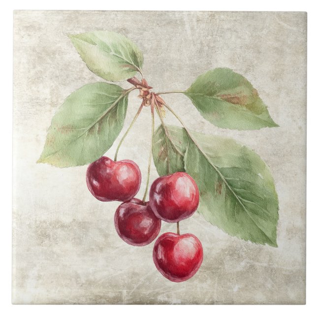 Azulejo Cerezas Rústicas Frutas Acuarela (Frente)