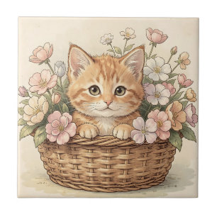 Azulejo Cesta de flores con adorable gatito ginger