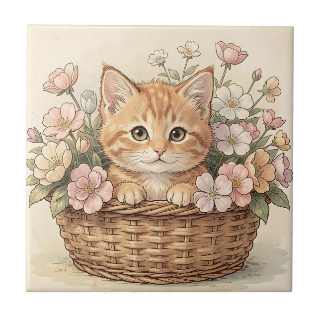 Azulejo Cesta de flores con adorable gatito ginger (Frente)