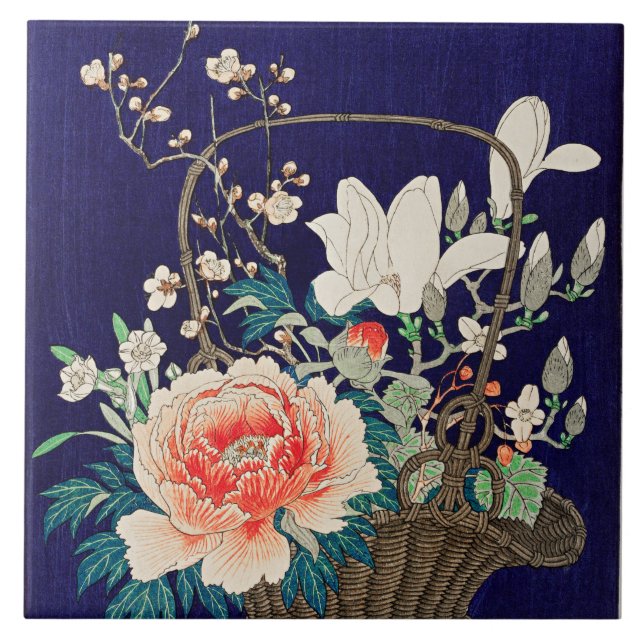 Azulejo Cesta de flores de bambú por Ohara Koson (Frente)