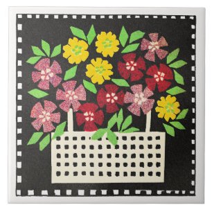 Azulejo Cesta de Flores, rojas y amarillas,