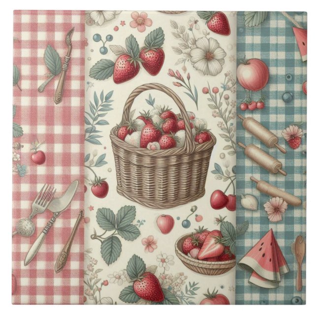Azulejo Cesta de Frutas Gingham Diversión (Frente)