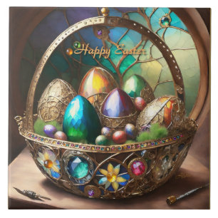 Azulejo Cesta de Pascua Steampunk Llena de Huevos Colorido