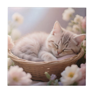 Azulejo Cesta Floral de Gatito Dormido Soñador