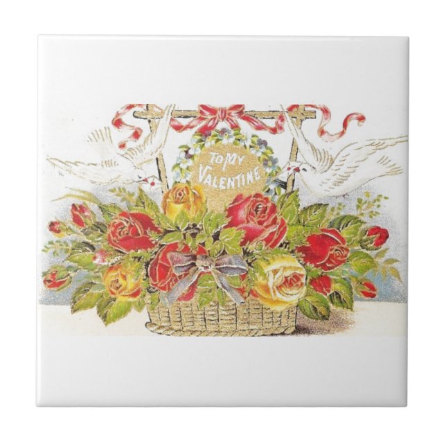 Azulejo Cesta hermosa de las palomas y de los rosas de la (Frente)