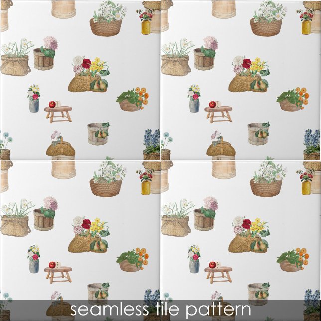 Azulejo Cestas de flores en el mercado de los agricultores (Watercolor Farmer's Market Flower Baskets Ceramic Tile)