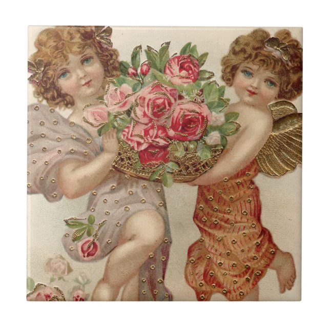 Azulejo Cesto de ángel querubín Cupido rosas rosa (Frente)