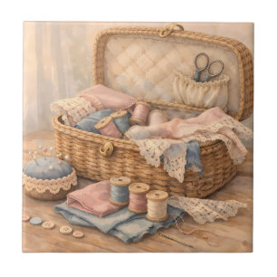 Azulejo Cesto de costura vintage Cottagecore Pastel