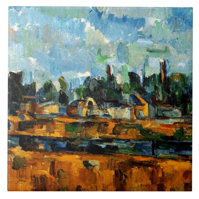Azulejo Cezanne - Riverbanks, pintura de paisaje, (Frente)