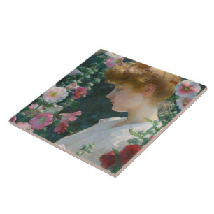 Azulejo Charles Courtney Curran Hollyhocks y Sunlight