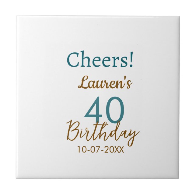 Azulejo Cheers 40th birthday name date brown turquoise sim (Frente)