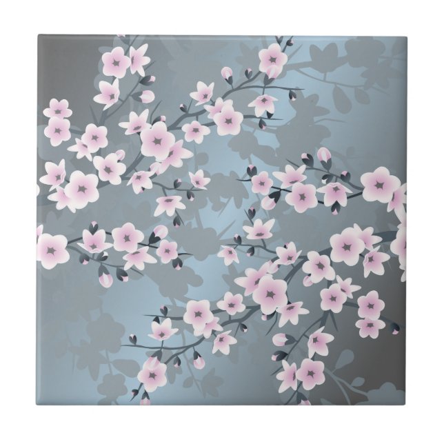 Azulejo Cherry Blossom Dusky Pink Slate Blue Floral (Frente)