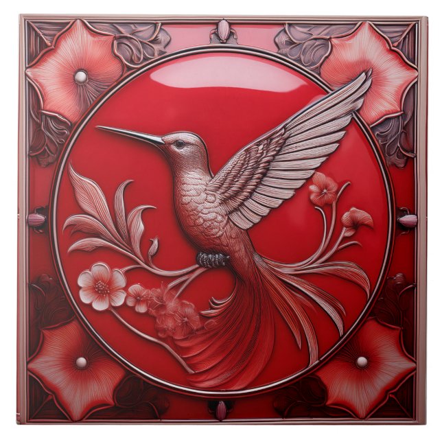 Azulejo Cherry red faux relief Art Nouveau Hummingbird L (Frente)