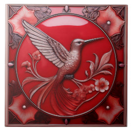 Azulejo Cherry red faux relief Art Nouveau Hummingbird R