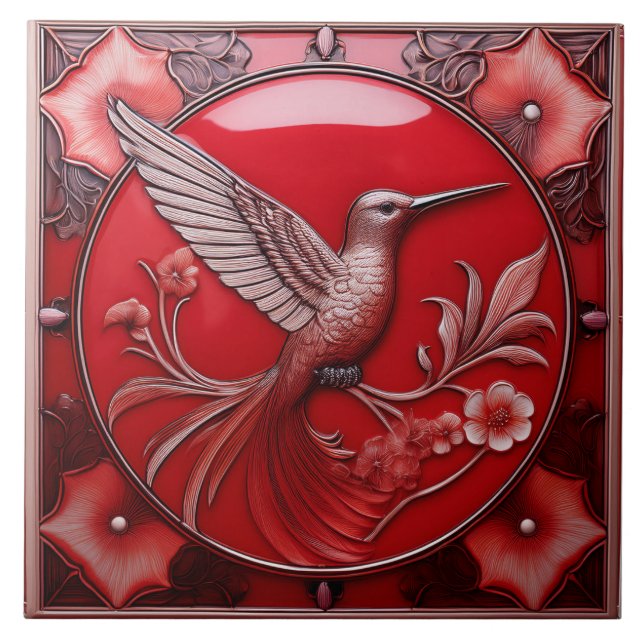 Azulejo Cherry red faux relief Art Nouveau Hummingbird R (Frente)