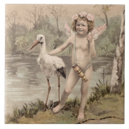 Azulejo Cherub vintage con cigüeña por lago