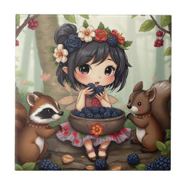 Azulejo Chibi Fairy Eating Blackberries with Forest Friend