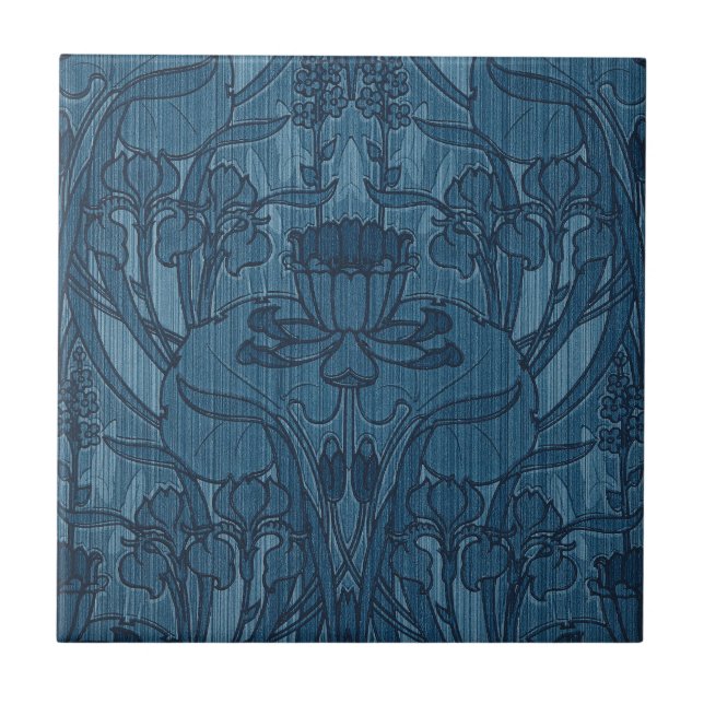Azulejo Chic Azul Art Nouveau Iris Patrón Botánico (Frente)