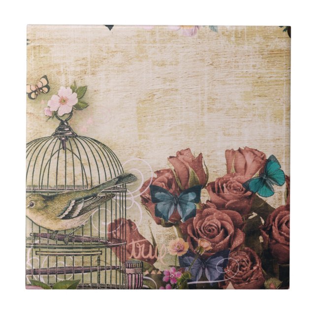 Azulejo chic, collage vintage, aves, mariposas, flor (Frente)