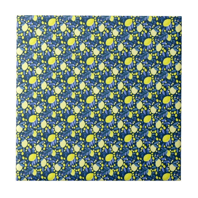 Azulejo Chic Mediterráneo Rústico Limones Hoja Azul (Frente)