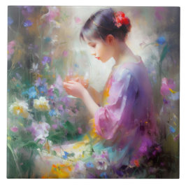 Azulejo Chica admirando una flor en sus manos