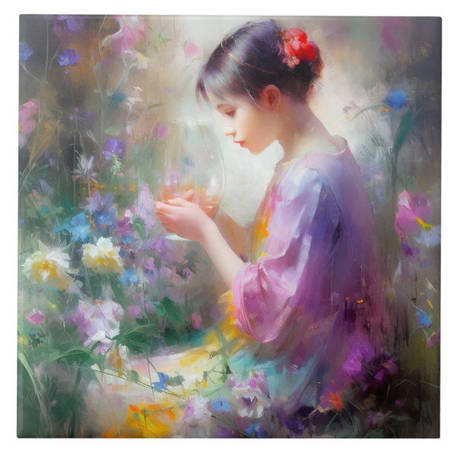 Azulejo Chica admirando una flor en sus manos (Frente)