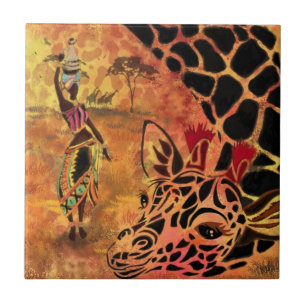 Azulejo Chica africano y jirafa - Amigos - Dibujo de arte