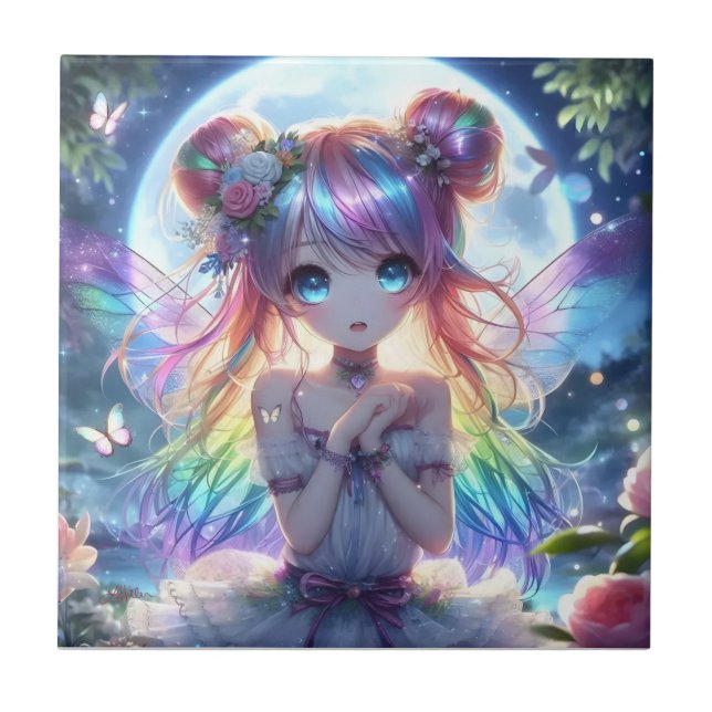Azulejo Chica Anime Cabello Arcoíris Cantando Hada Luna (Frente)