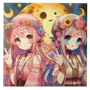 Azulejo Chica Anime Hippie Luna Chicas Dando Signo de Paz
