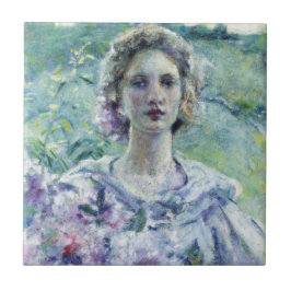 Azulejo Chica con flores moradas (por Robert Reid)