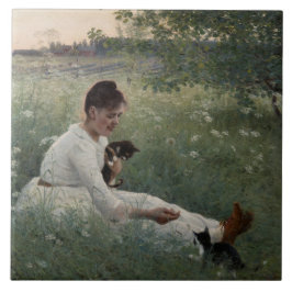 Azulejo Chica con gatos en un paisaje veraniego (gatitos)