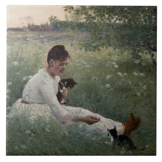 Azulejo Chica con gatos en un paisaje veraniego (gatitos) (Frente)