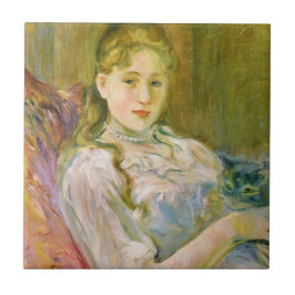 Azulejo Chica con un gato Mascota gris (por Berthe Morisot