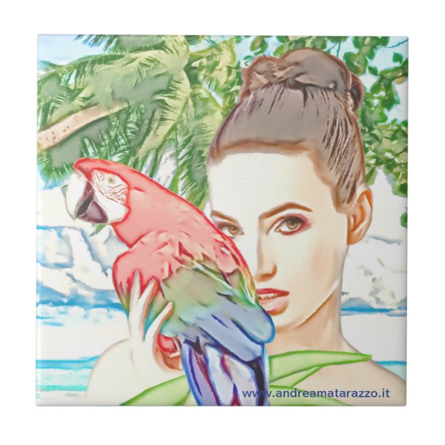 Azulejo Chica con un loro (Frente)