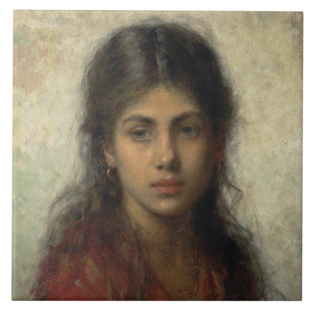 Azulejo Chica con un Shawl Rojo (por Alexei Harlamoff) (Frente)