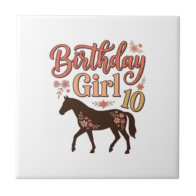 Azulejo Chica Cumpleaños 10 Caballo Diseño Vectorial Flora (Frente)