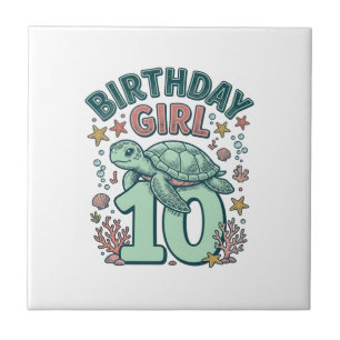Azulejo Chica Cumpleaños 10 Tortuga Marina Grabado Vintage