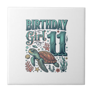 Azulejo Chica Cumpleaños 11 Tortuga Marina Grabado Vintage